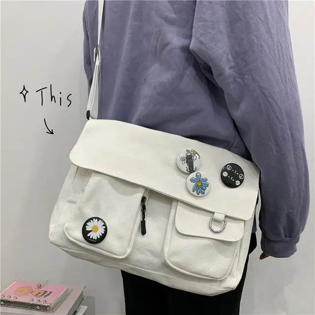 Canvas Diagonal Cross Bag Youth Fashion Casual Version Ladies Large Capacity Shoulder Bag Solid Color  Women Messenger Bags white daisies