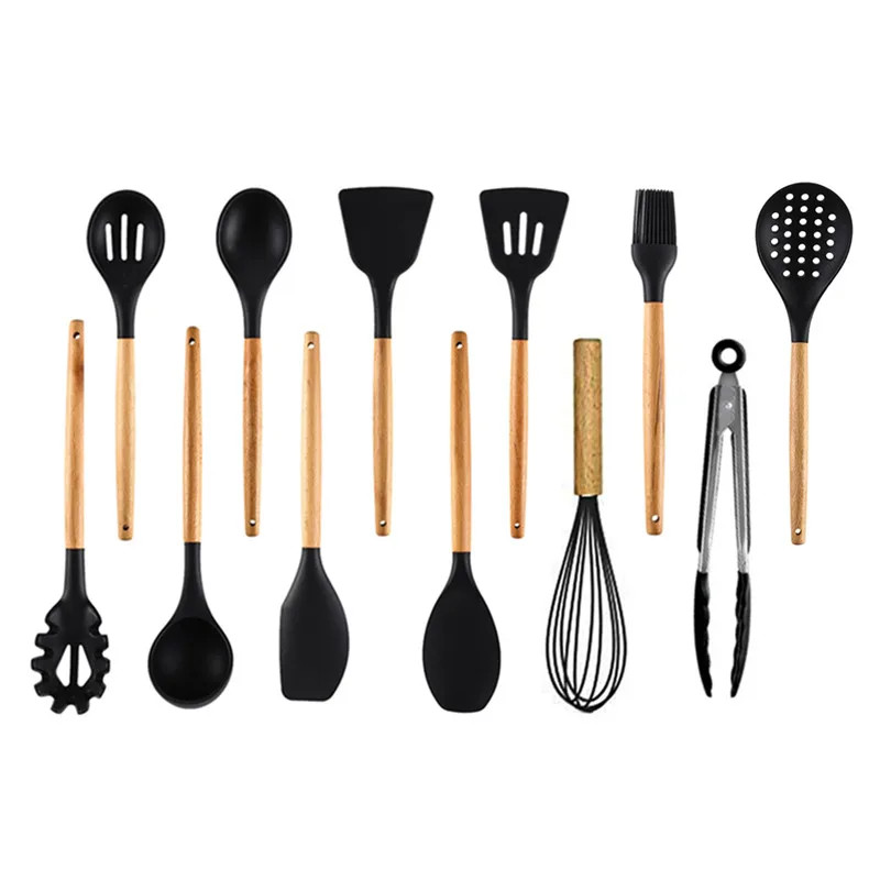 12 pcs 5-13 шт силиконовые инструменты для приготовления пищи набор кухонной посуды с ящиком для хранения токарные щипцы шпатель с деревянной ручкой Антипригарная посуда - Цвет: 12 pcs