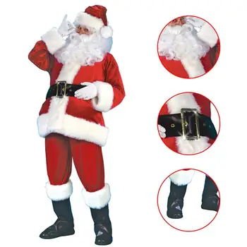 

Plush Father Fancy thanks Xmas Cosplay Props Men Coat Pants Beard Belt Hat Christmas 7Pcs Set Adult Santa Claus Costume Suit