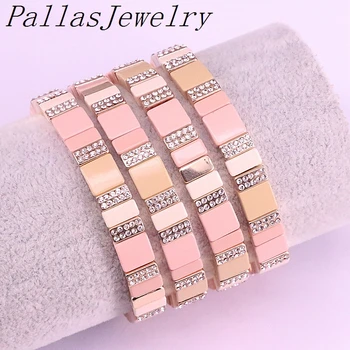 

5Pcs Fashion Women Cuff Bangle Jewelry Stackable Stack Stretch Enamel Bead Tile and CZ Micro Pave Bracelet