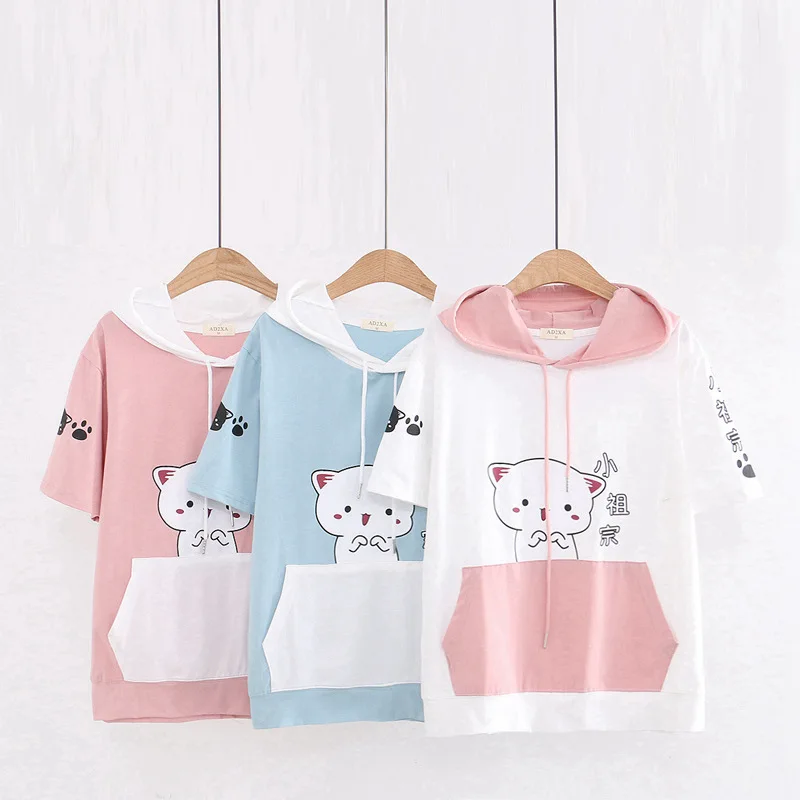 Women Sets Top And Pants Cartoon Print Hooded T Shirt With Elastic Waist Embroidery Calf Length Denim Pants Summer Clothes Sets lounge wear sets