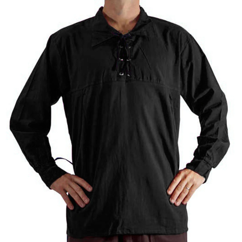 Мужская футболка с капюшоном, модная футболка Хенли с длинным рукавом, средневековая футболка на шнуровке с v-образным вырезом, свободная повседневная Однотонная футболка - Цвет: black 2