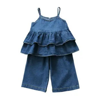 

2020 New Toddler Baby Kid Girls Denim Clothes Set Ruffles Vest Tops Pants Outfits Summer Children Girl Costumes Blue