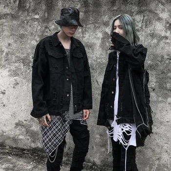 

Men's Hip Hop Denim Jackets Oversized Black Ripped Jeans Jackets Spring Autumn Coat for Male loose casual streetwear fashion