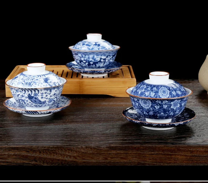 150 мл Gaiwan керамический голубой и белый фарфор чайная соусница для тарелки крышка набор для чая мастер чашка пиалы для чая Посуда ча чаши в качестве подарков