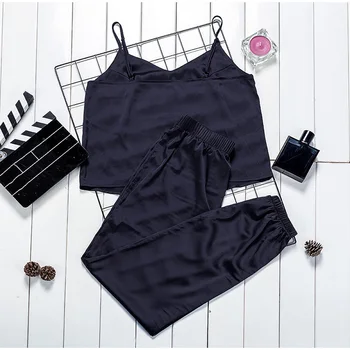

Sexy Faux Silk Spaghetti Strap Pajamas Set For Women V-neck Camis And Pants Female Sleepwear Summer Fashion Solid Lady Pyjamas
