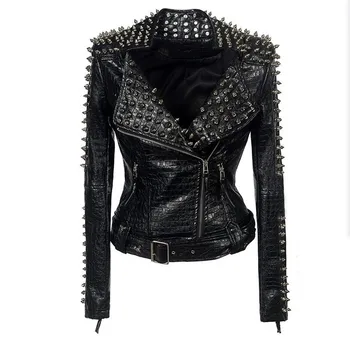 

Rivet biker leather jacket women clothing pu 2020 spring new Punk Style fashion women coat Turn-down Collar motorcycle coat
