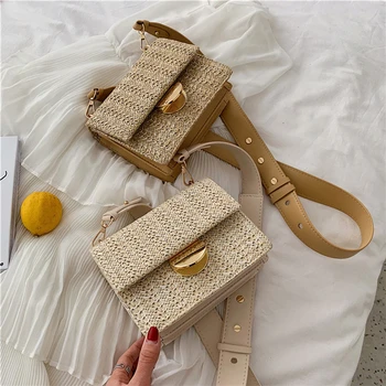 

Women Summer Bali Rattan Bags Square Buckle Straw Bag Handmade Woven Beach Crossbody Bags Bohemia Wicker Bag Handbags