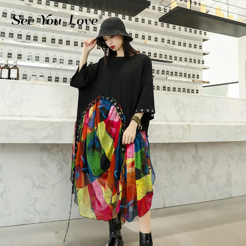 

See you love 2019 New Autumn Round Neck Half Sleeve Print Pattern Bandage Chiffon Personality Big Size Dress Women Fashion dress