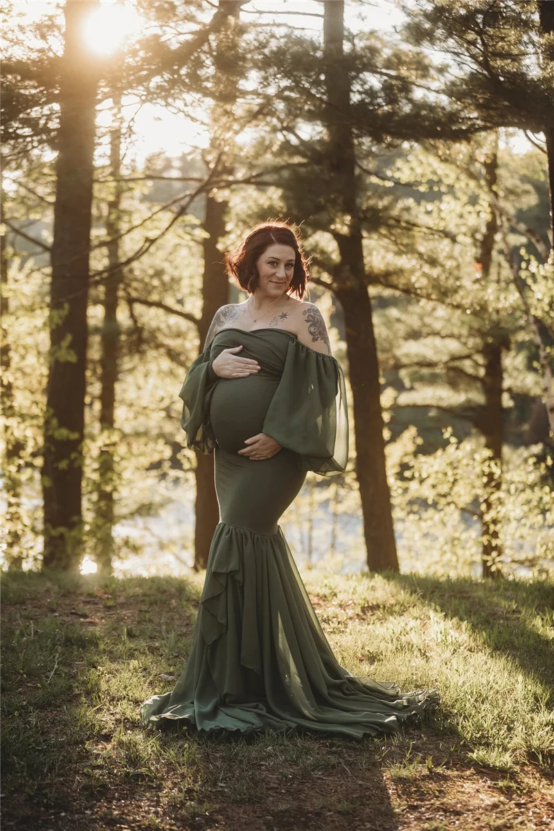 Pregnant Women Dress Sexy Shoulderless Maternity Dresses Photoshoot Ruffles Pregnancy Maxi Gown Photography Props Mermaid Dress