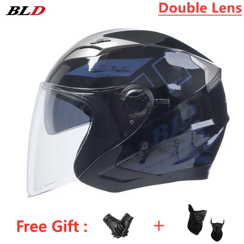 BLD Motorcycle Dual Lens Vintage Helmets Four Seasons Scooter Electric Bicycle Cafe Racer Helmet Jet Cascos Para Moto Man Women