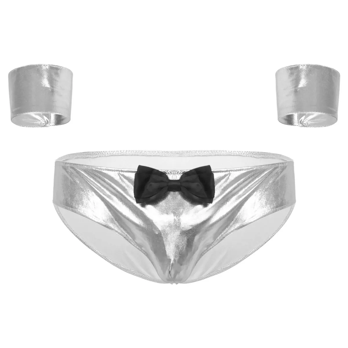 Sexy Lingerie Mens Shiny Metallic Briefs Panties Sexy Evening Party Clubwear Low Rise Bulge Pouch Briefs Underwear with Cuffs white knee high stockings