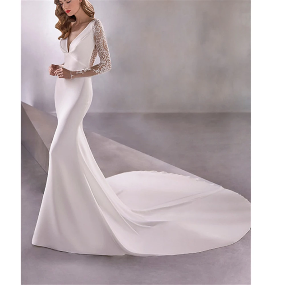 Eenvoudige Witte Satijn En Kant Trouwjurken Diepe V-hals Volledige Mouwen Illusion Zipper Met Knoppen Schede Noiva Vestidos Brida Eenvoudige Witte Satijn En Kant Trouwjurken Diepe V-hals Volledige Mouwen Illusion Zipper Met Knoppen Schede Noiva Vestidos Brida