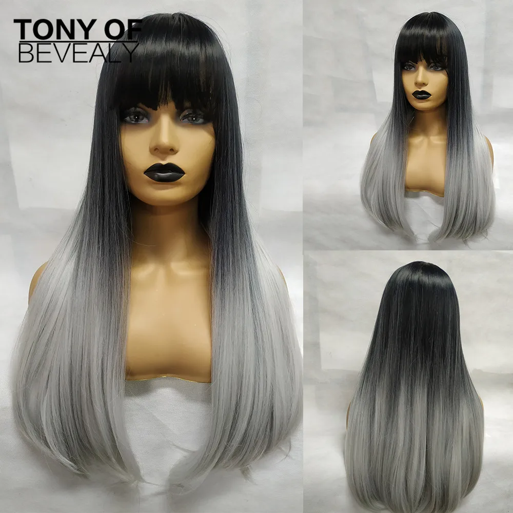

Long Straight Synthetic Wigs With Bangs For Afro Women Ombre Black Grey Heat Resistant Cosplay Hair Wigs