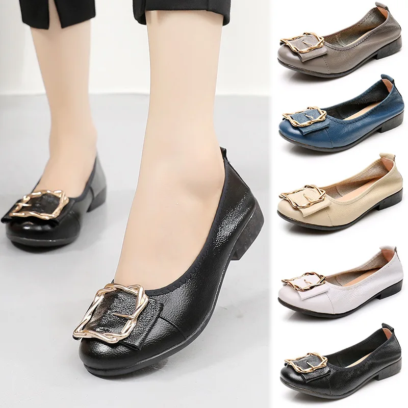 Women shoes genuine leather loafers non-slip ballet flat shoes ladies breathable soft bottom casual shoes mother shoes Plus Size