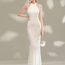 Yidingzs elegante fora do ombro lantejoulas vestido de noite 2021 novo branco bodycon maxi vestido para a festa feminina 18126