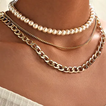 

ZOVOLI Punk Layered Gold Cuban Link Chains Necklace Set Statement Pearl Choker Necklaces For Women Men Fashion Hip Hop Jewelry