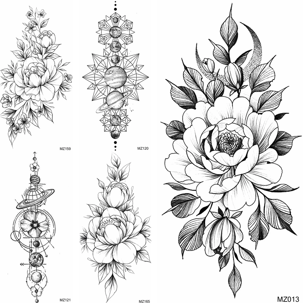 Minimalist Flower Temporary Tattoos Waterproof Geometric Planets Tatoos Fake Black Body Art Tatoo For Women S Fashion Decoration Temporary Tattoos Aliexpress