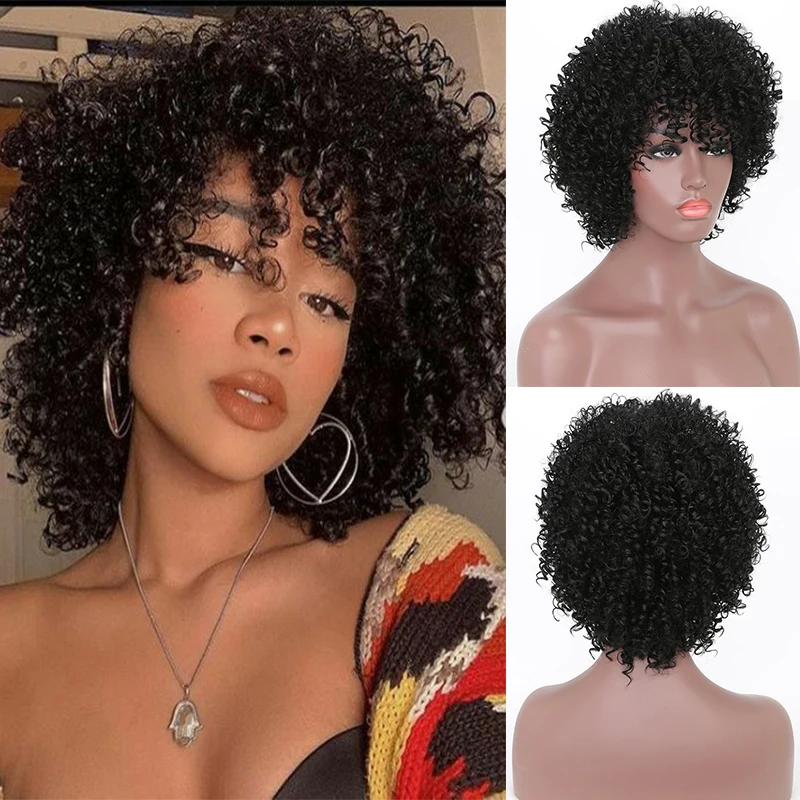 

Afro Kinky Curly Wigs for African Women Synthetic Short Wig with Bangs Natural Heat Resistant Afro Curly Hair False Cosplay Wig