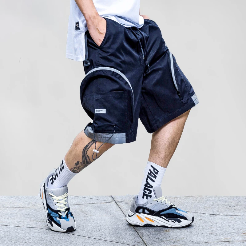 Большой карман дизайн Гарем шорты Светоотражающие полосатые Jogger мужские модные шорты Летняя уличная хип хоп до колен