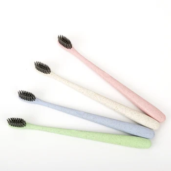 

4pcs Soft Toothbrush Portable Wheat Straw Tooth Cleaning Charcoal Bristle Brush With Travel Storage Case