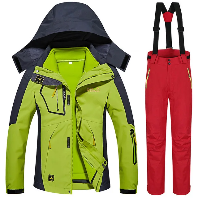Зимние-30 градусов лыжные костюмы для женщин, для улицы, для снега, сноуборда, лыжные куртки и штаны, женские теплые водонепроницаемые комплекты одежды 3 в 1 - Цвет: Green Red