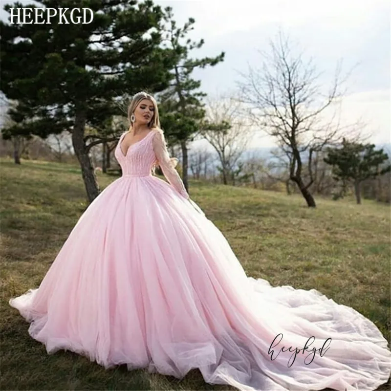 Блестящее розовое вечернее платье с длинным рукавом, бисероплетение, вечернее платье с v-образным вырезом, бальное платье, длинный Тюль для поездов, официальное платье для женщин - Цвет: Розовый