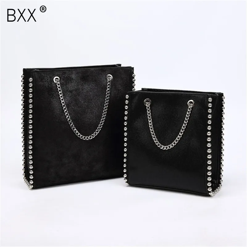 

[BXX] Vintage Large Capacity Tote Bag Women Fashion Chain Rivet Shoulder Bags Lady PU Leather Purses Solid Color Bead Bag HG943