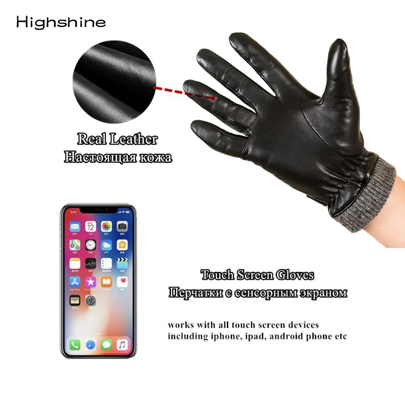 Men's Genuine Leather Gloves Real Sheepskin Black Touch Screen Gloves Fashion Brand Winter Warm Mittens New - Цвет: black warm lining