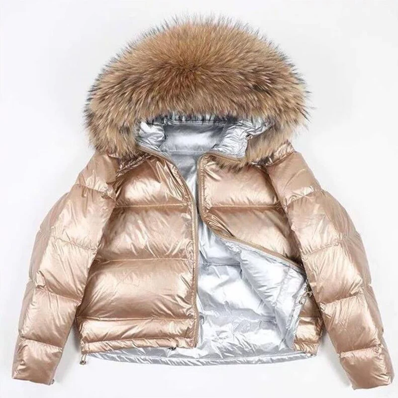 Двусторонний пуховик для женщин, натуральный мех, зимняя куртка для женщин, глянцевый мягкий белый утиный пух, зимнее пальто, теплые парки - Цвет: Gold  3