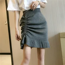 Женская ассиметричная трикотажная юбка фасона "Русалка" для девочек, с высокой талией, длиной до колена, тонкая базовая юбка лето-осень