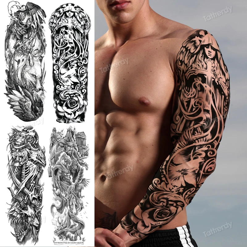 Men's Temporary Tattoo Sleeve Full Arm Body Art Sexy Tatoo For Boy Men  Women Tattoo Thigh Leg Waterdecal Large Big Size Black - Temporary Tattoos  - AliExpress