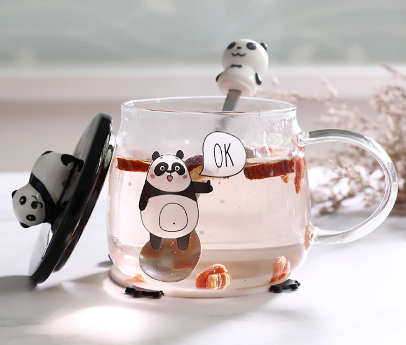 2020 Creative Cute 3D Panda Mugs High Temperature Resistant with Lid and Spoonglass Cup Portable Student Breakfast Milk Cup