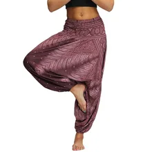 Women Beach Trousers Print Wide Leg Harem Pants Boho Gypsy Hippie Femme Feather Printed Elastic Long Pant Aladdin Pantalones
