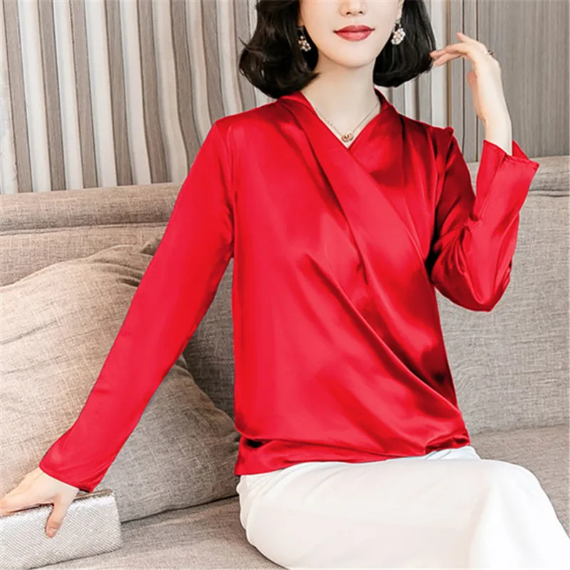 

Fashion Autumn Women Silk Shirts Woman Satin Blouse Shirt Elegant Woman V-neck Blouses Shirt Plus Size Women Blouses Women Tops