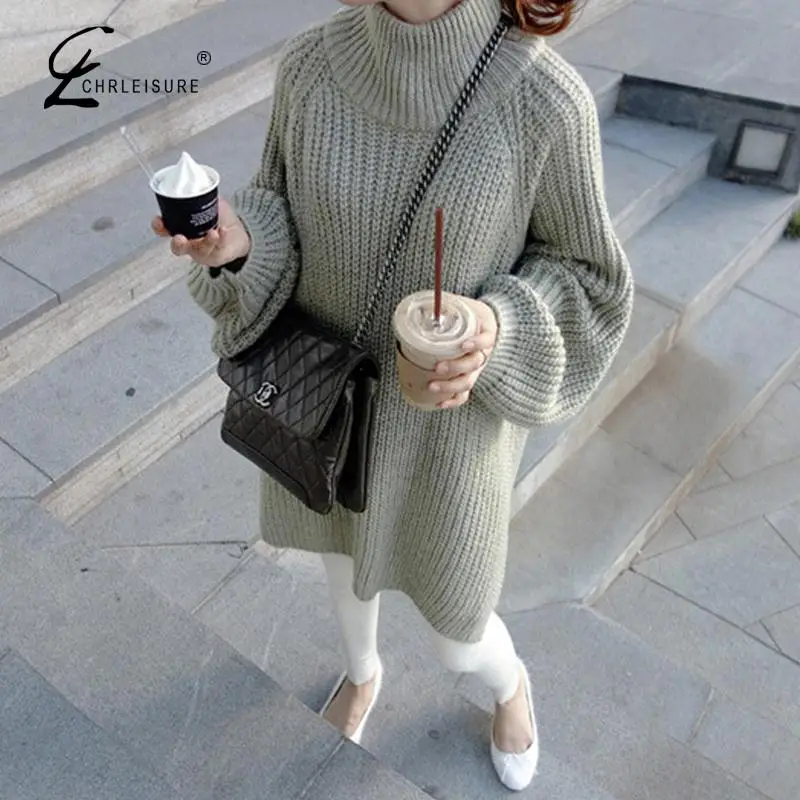 CHRLEISURE модный вязаный длинный топ с высоким воротником для женщин свободный