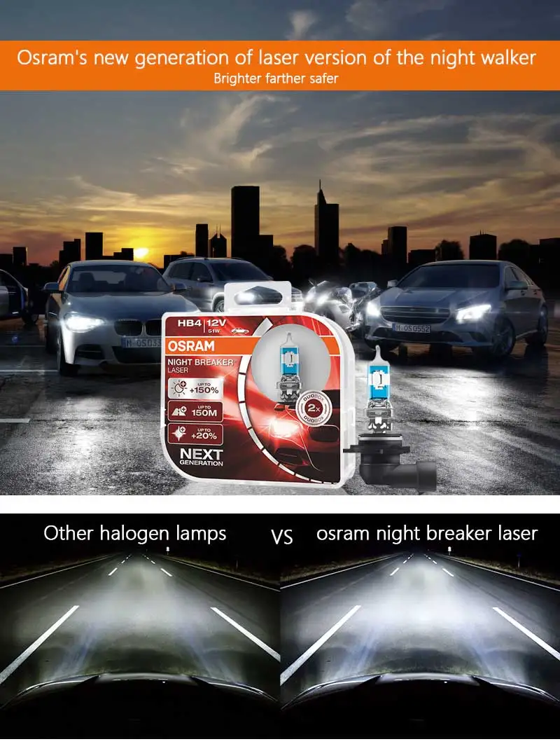 OSRAM Ночной выключатель лазер нового поколения 9006 HB4 12 в 51 Вт P22d автомобильный головной светильник Противотуманные фары+ 150 яркость 9006NL(двойной