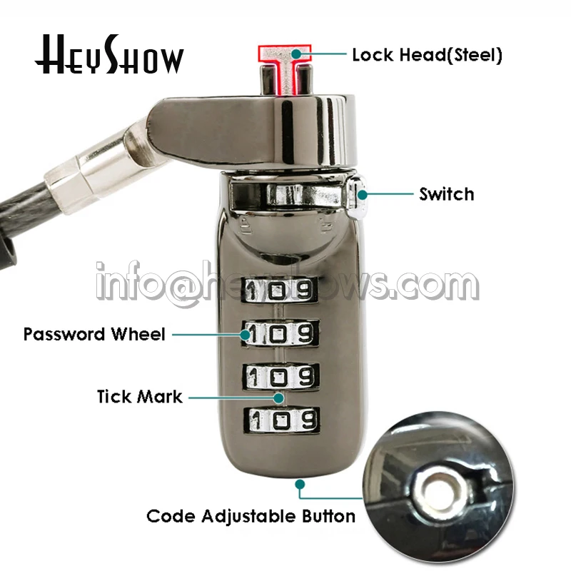 Laptop Security Anti-Theft Password Lock Cable, Steel Sting Monitor Lock, Projector Lock, Steel Wire with Lever