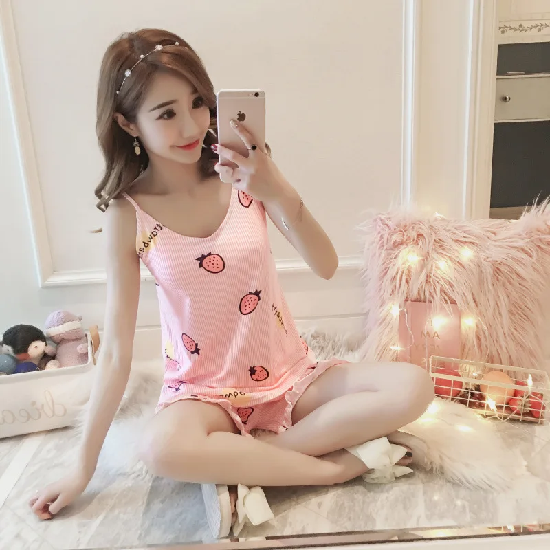 

Pajamas Women's Summer Camisole Sweet Korean-style Students Cute Vest Shorts Set Tracksuit 170G + Chest Pad