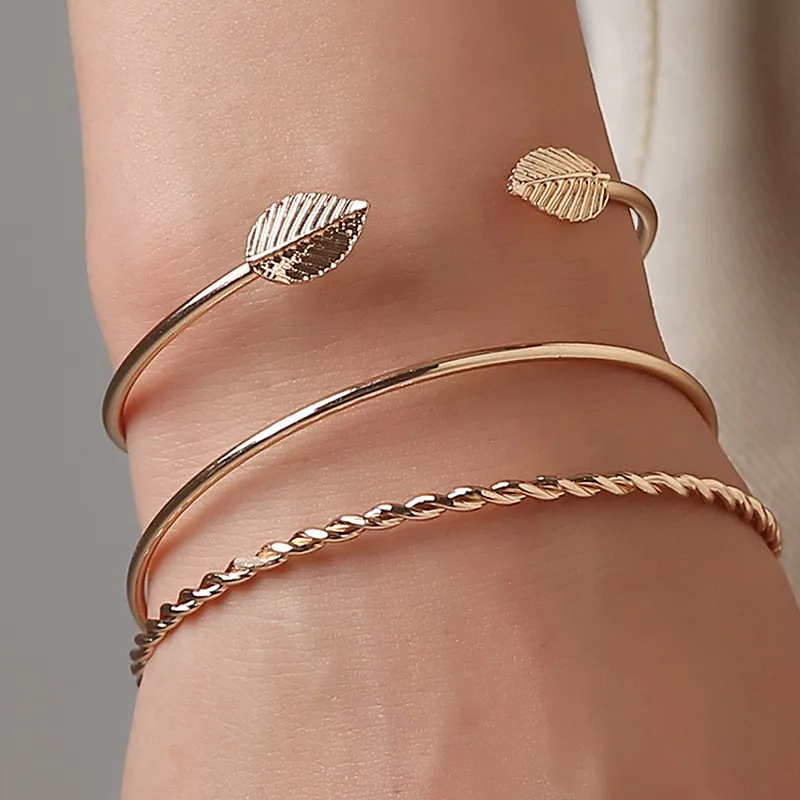 Elegant 3pcs Set Leaf Open Round Gold Bracelet Gifts for Women