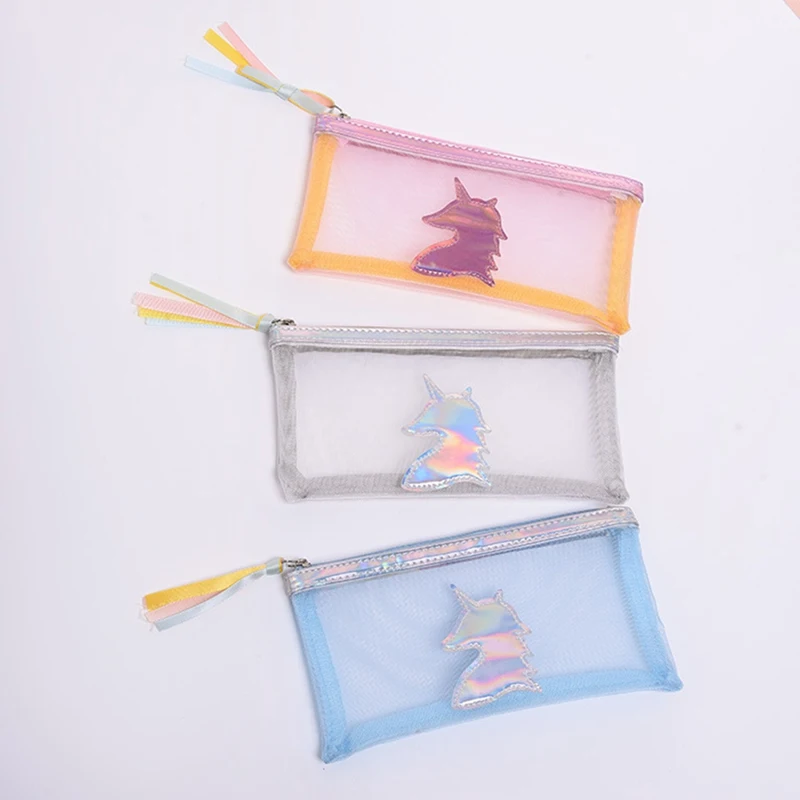 1 шт. Kawaii Unicorn Mesh Pencil Bag Harajuku Wind Laser Студенческая ручка сумка свежая девушка сердце ручка сумка