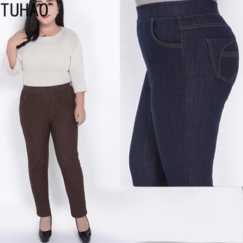 

TUHAO 2020 Spring Summer Middle Age Women Pencil Jeans Plus Size 6XL 5XL 4XL 3XL Women's High Waist Trousers Jeans Mom WM06