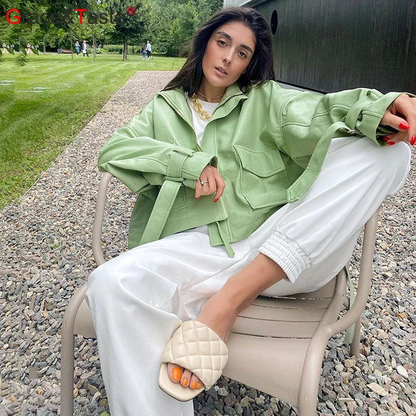 

G&T Autumn Winter Pu Leather Jacket Ladies Long Sleeve Coat Motorcycle Jacket Streetwear Jacket Zipper Pocket Women Outwear