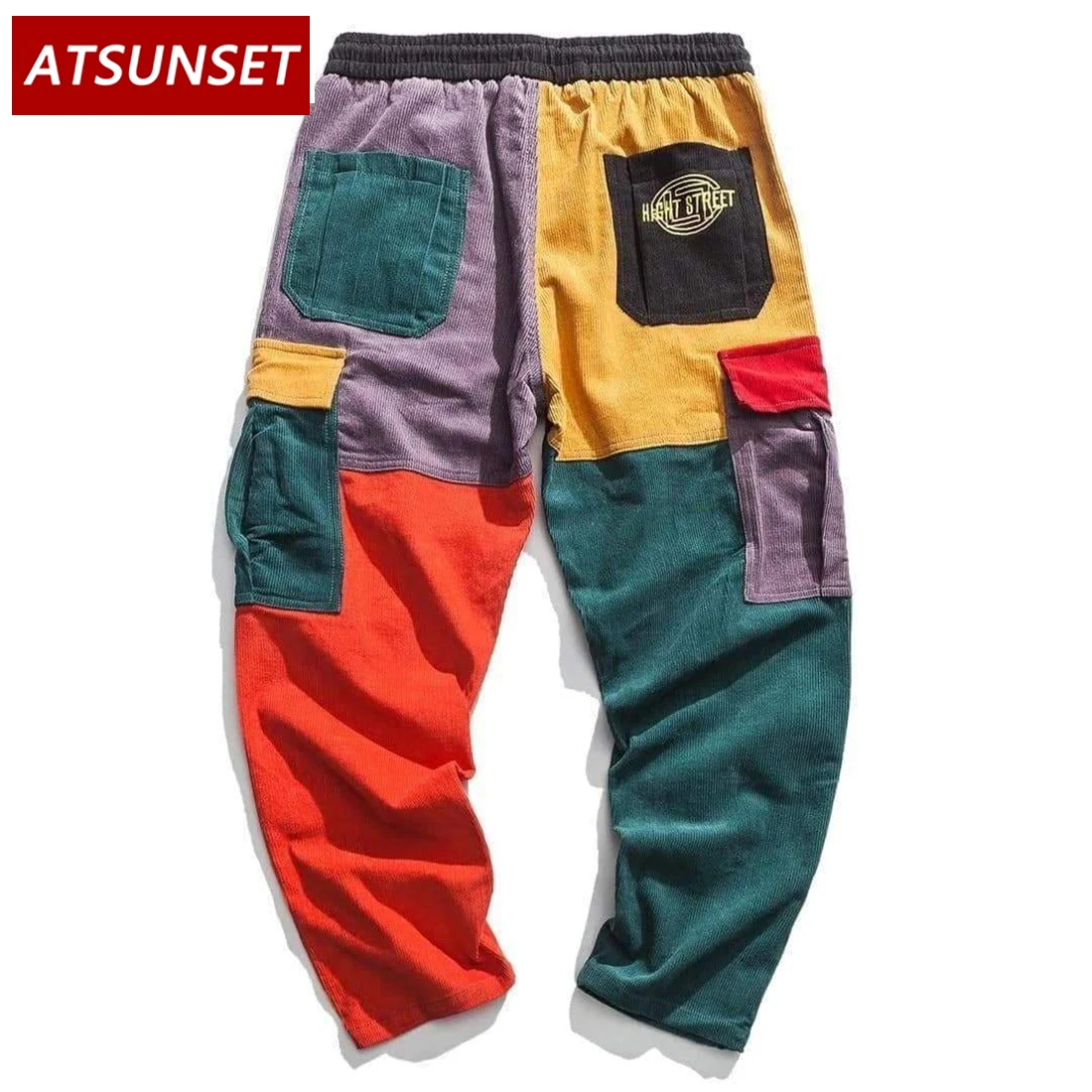 ATSUNSET Color Stitching Cargo Pants Pocket Casual Streetwear Harajuku Sweatpants Male Hip Hop Trousers