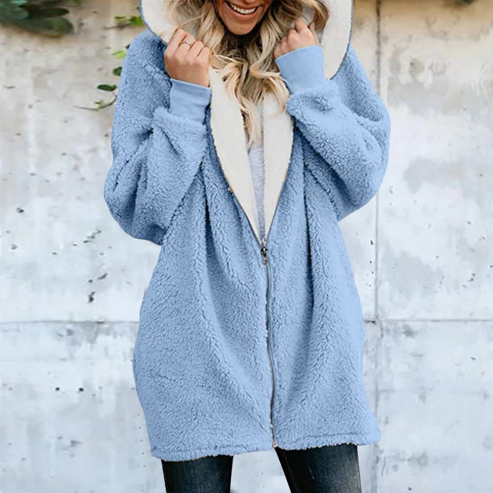 Beste Vrouwen Jas Winter 2019 Causale Zachte Hooded Zipper Pocket Fleece Pluche Vrouwelijke Jas Warm Plus Size Faux Fur Fluffy Vrouwen jas