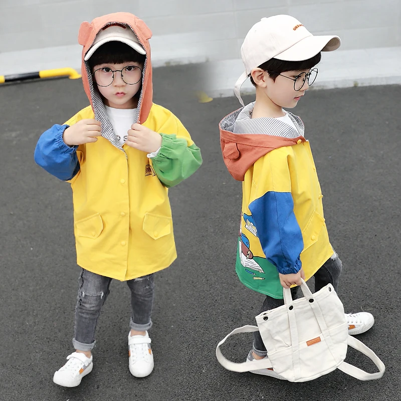 

Boys Windbreaker Bear Hooded Jackets Coat Kids Children Outwear 2019 Spring Fall Autumn Teenager Solid Trench Coats 3 to 13 Year