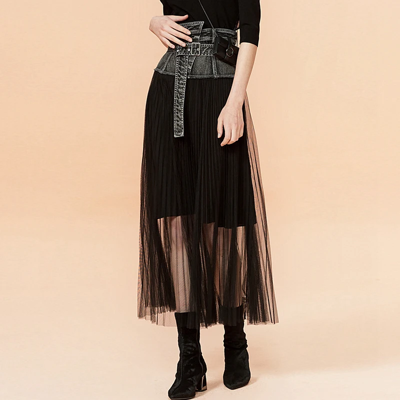 Сетчатая джинсовая юбка асимметричная на шнуровке лоскутный дизайн женские