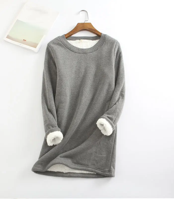 Online Nueva sudadera Otoño Invierno de talla grande suelta cuello redondo grueso y camisa de terciopelo pelo de cordero cálido y camisa de la parte inferior del cuerpo femenino