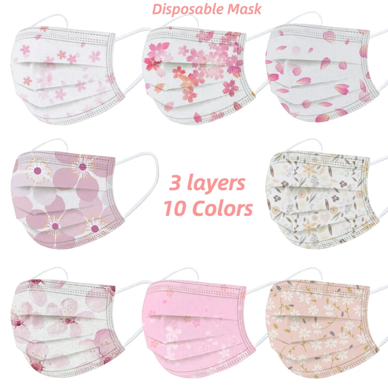10/50pcs Adult Floral Mask Disposable Face Cherry Blossom Print 3ply Ear Loop Breathable Flower Mascarillas | Красота и здоровье