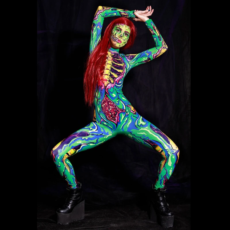 Zombie Costume Skeleton Halloween Costumes for Women Adult Green Bodysuit Plus Size Scary Sexy Bodysuit Carnival Party